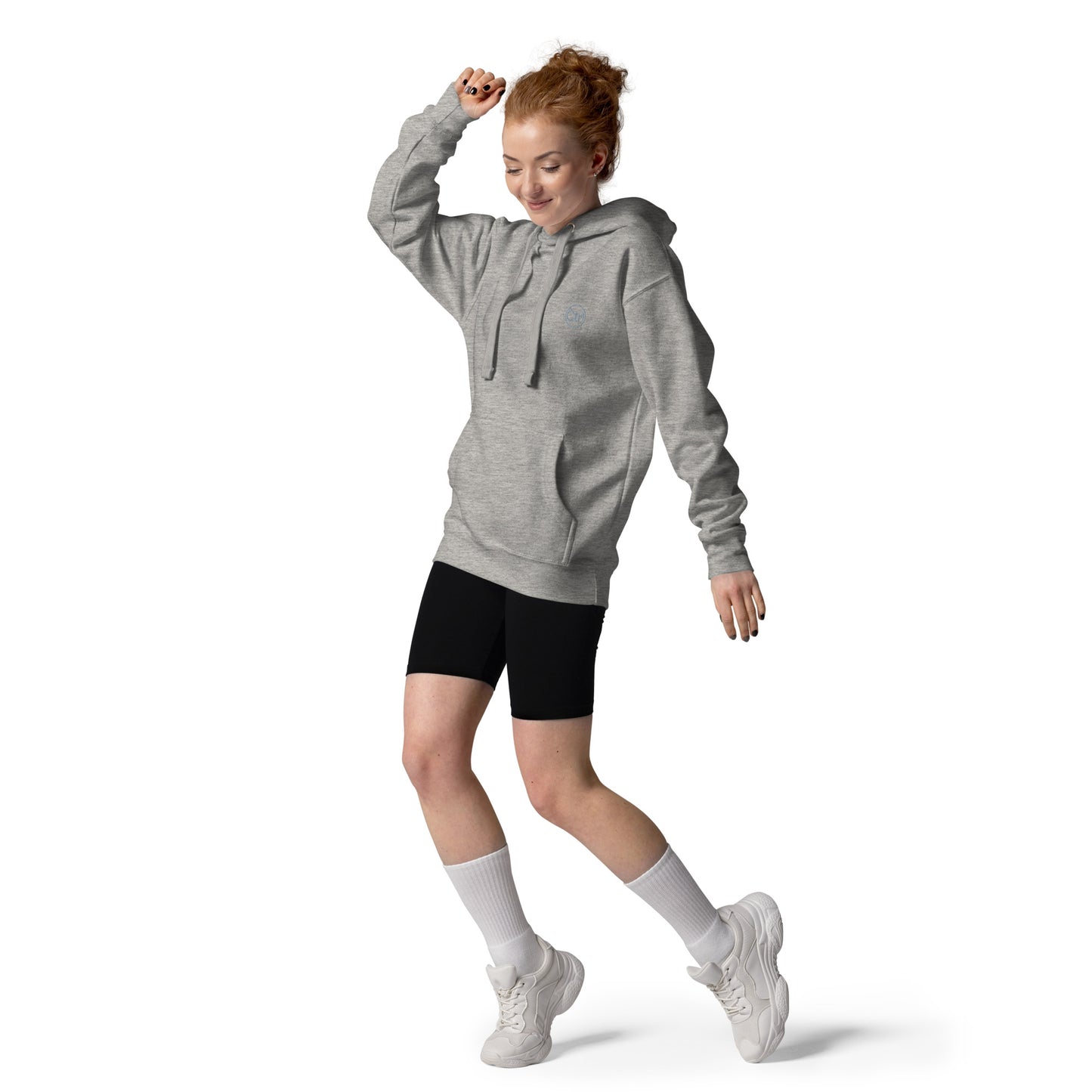 Grey unisex Ctrl Padel clean hoodie on female model, front view
