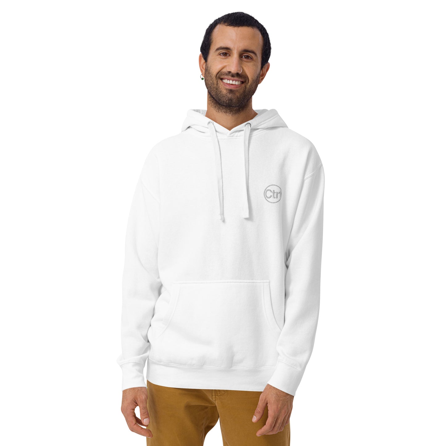 White unisex Ctrl Padel clean hoodie on male model, front view