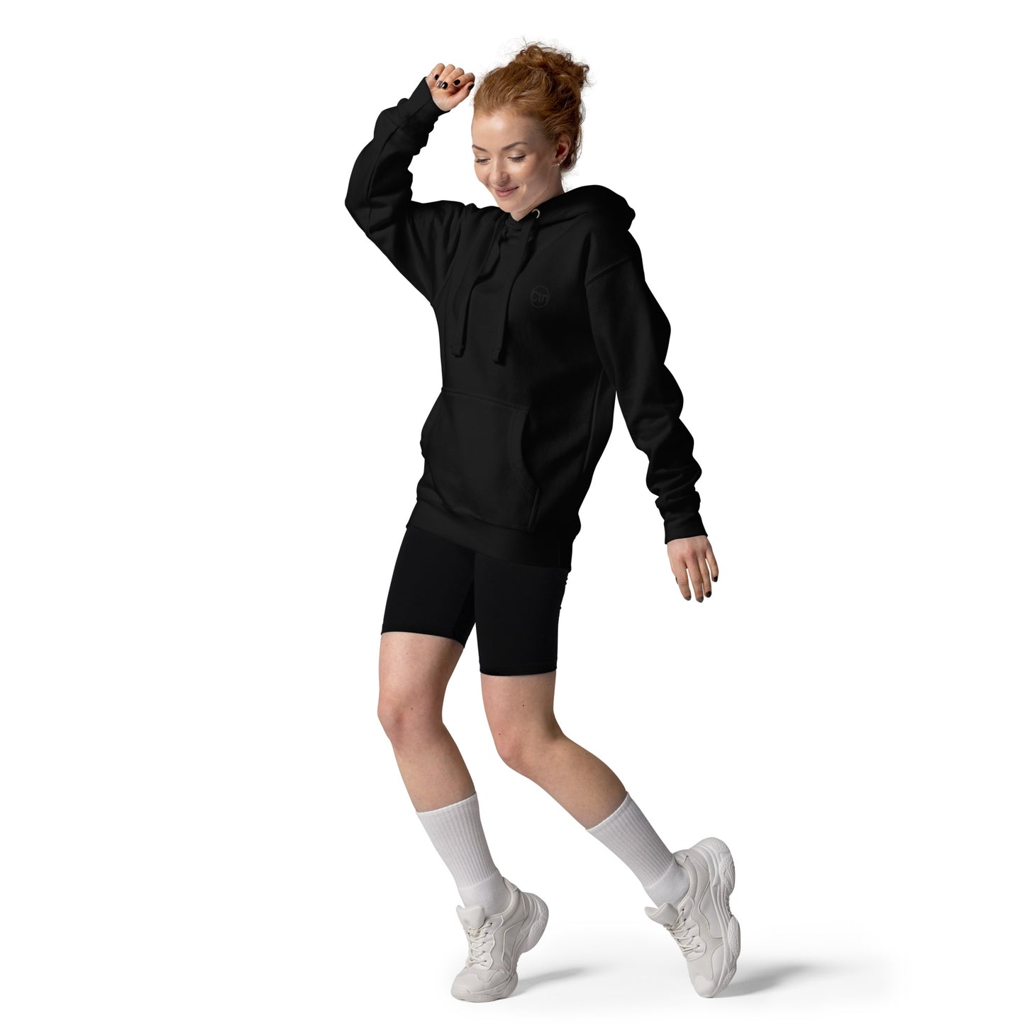 Black unisex Ctrl Padel clean hoodie on female model, front view