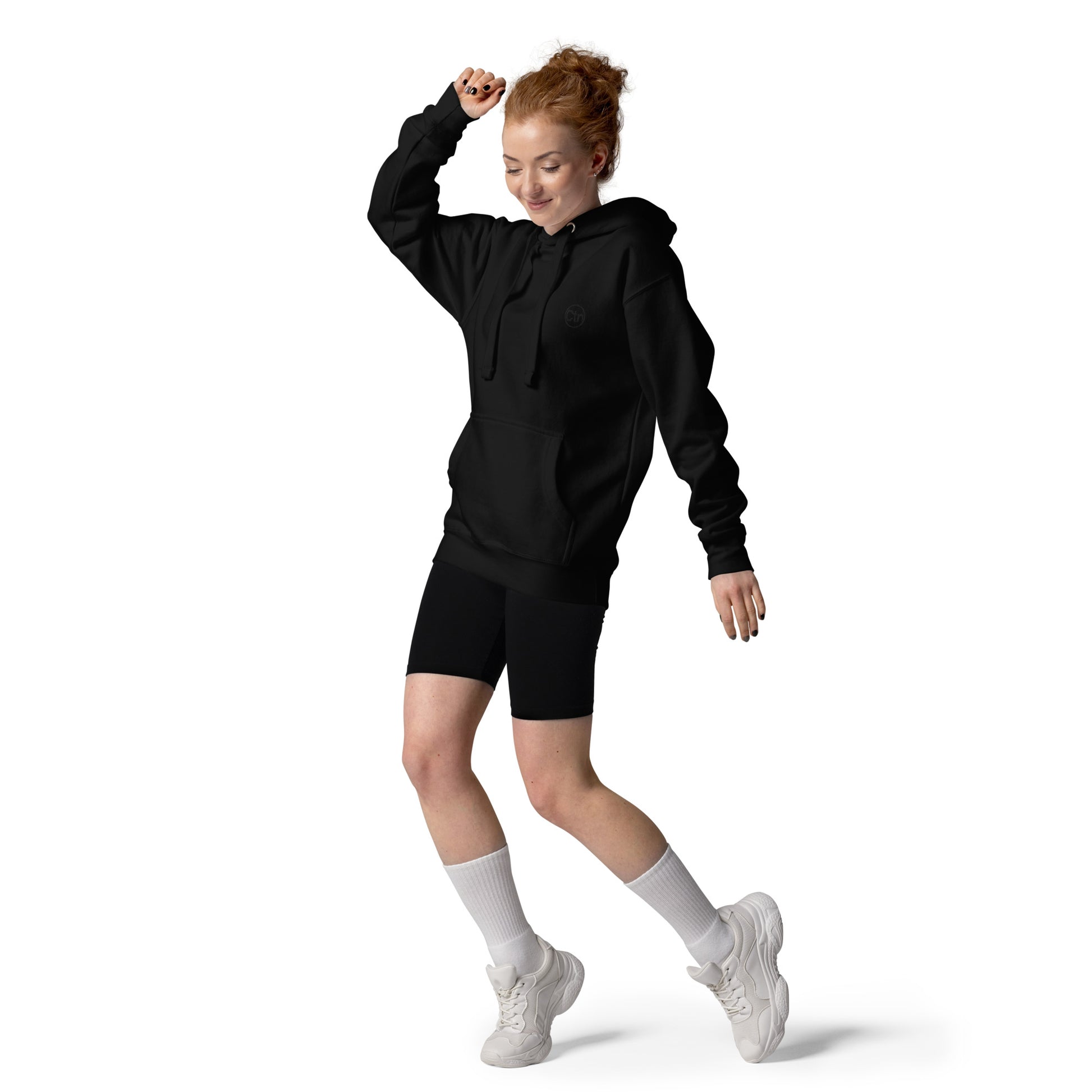 Black unisex Ctrl Padel clean hoodie on female model, front view