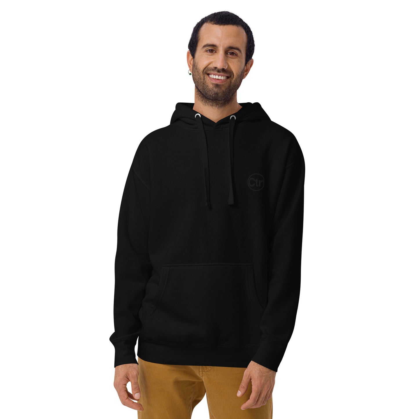 Black unisex Ctrl Padel clean hoodie on male model, front view
