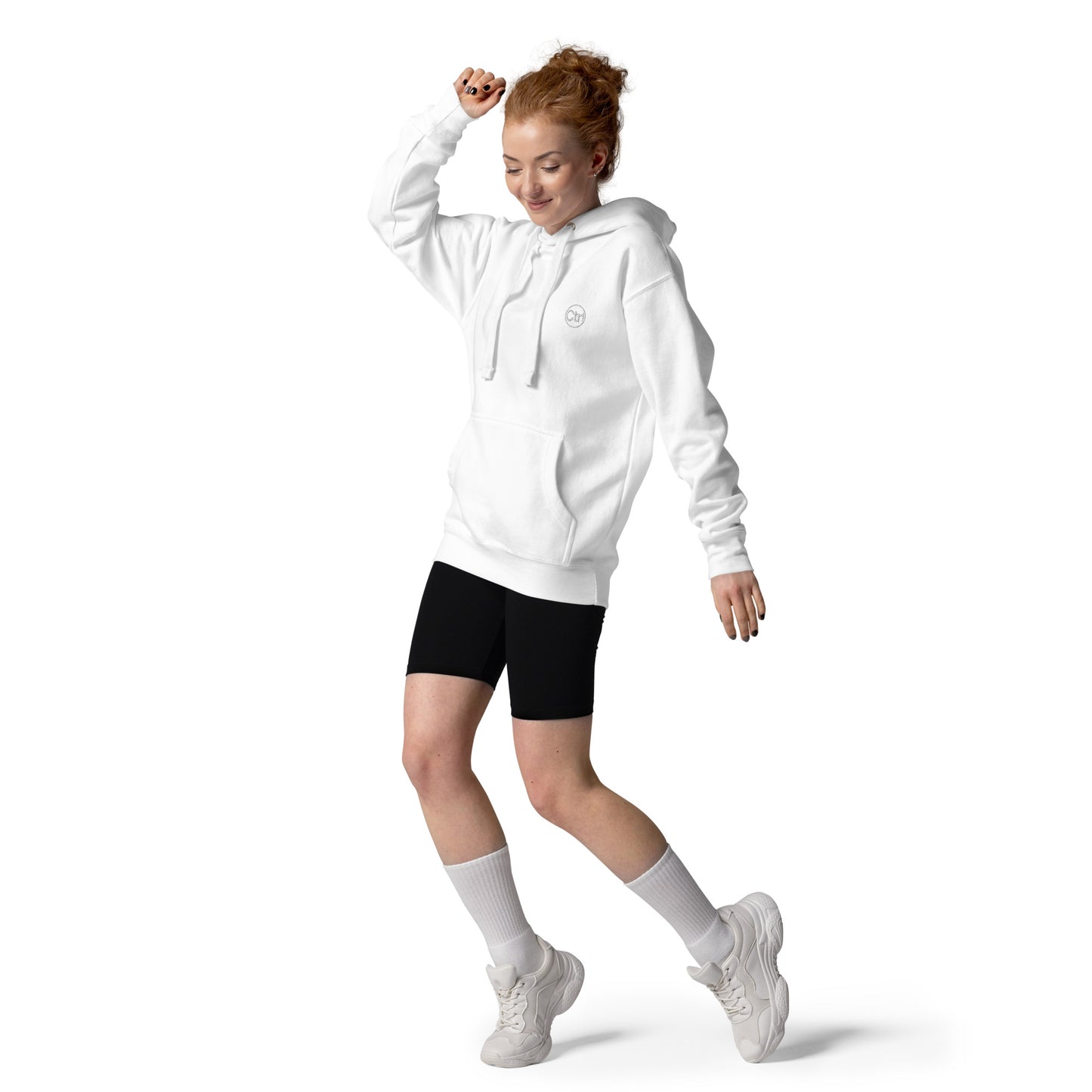 White unisex Ctrl Padel clean hoodie on female model, front view