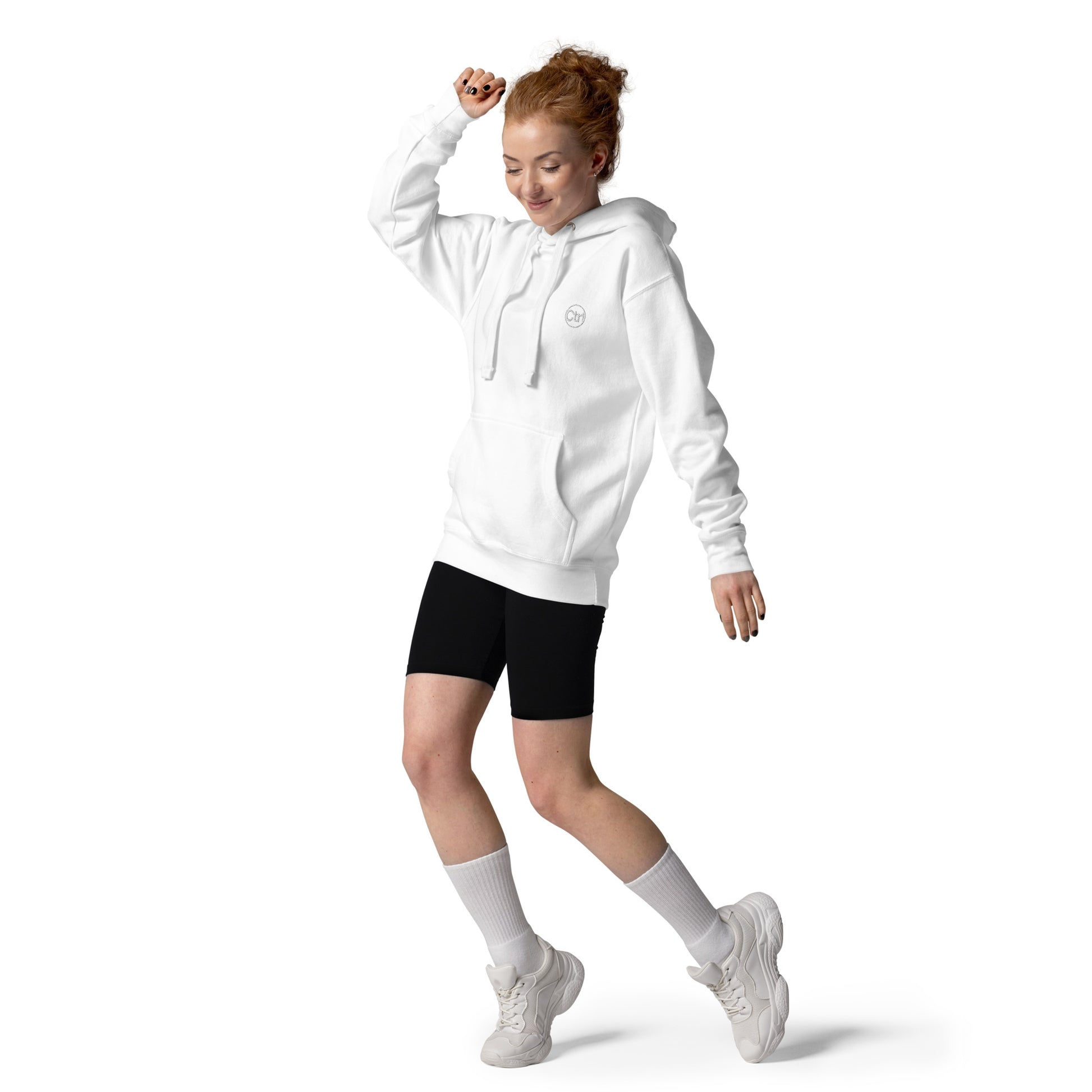 White unisex Ctrl Padel clean hoodie on female model, front view