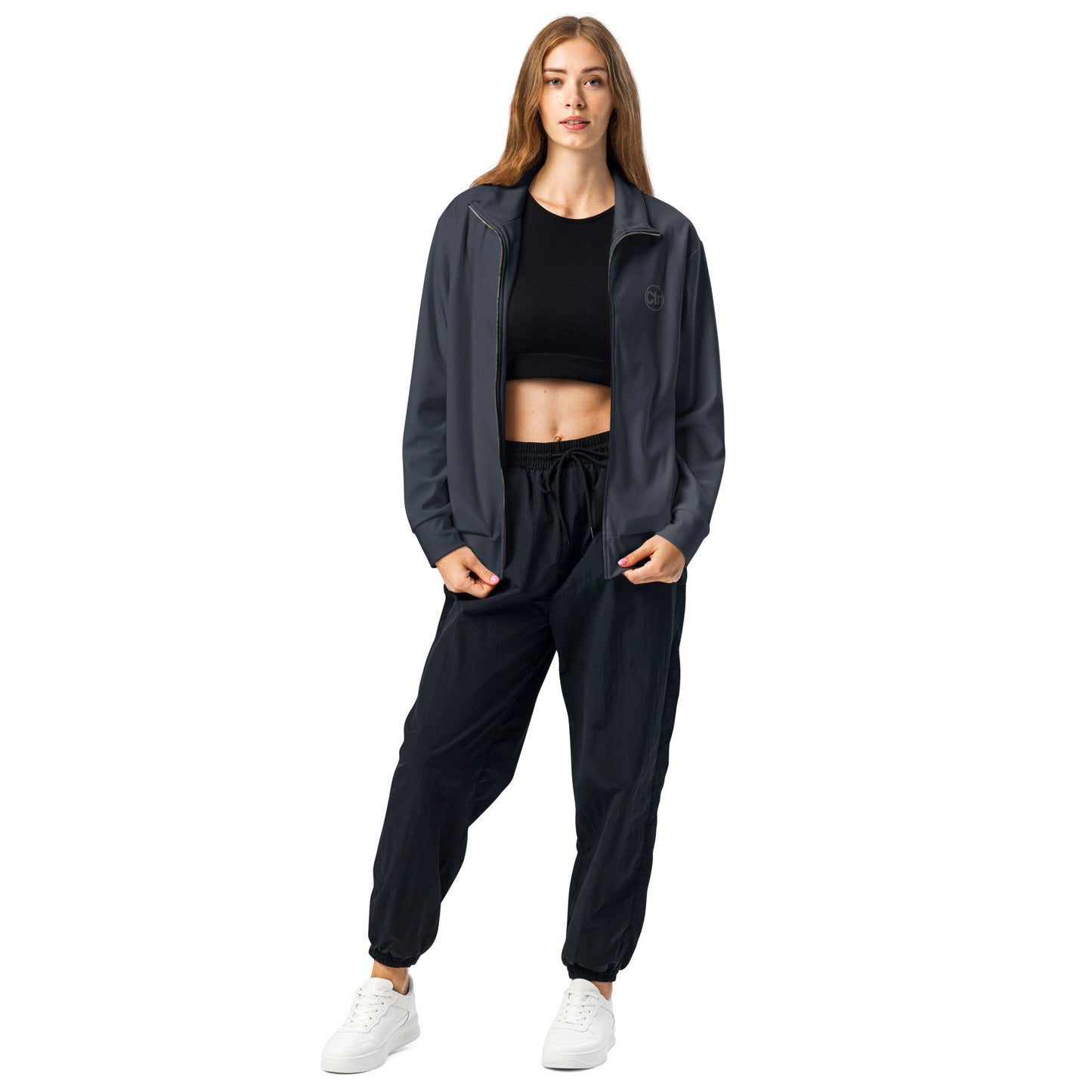 Navy blue unisex Ctrl Padel elite track jacket shown from the front