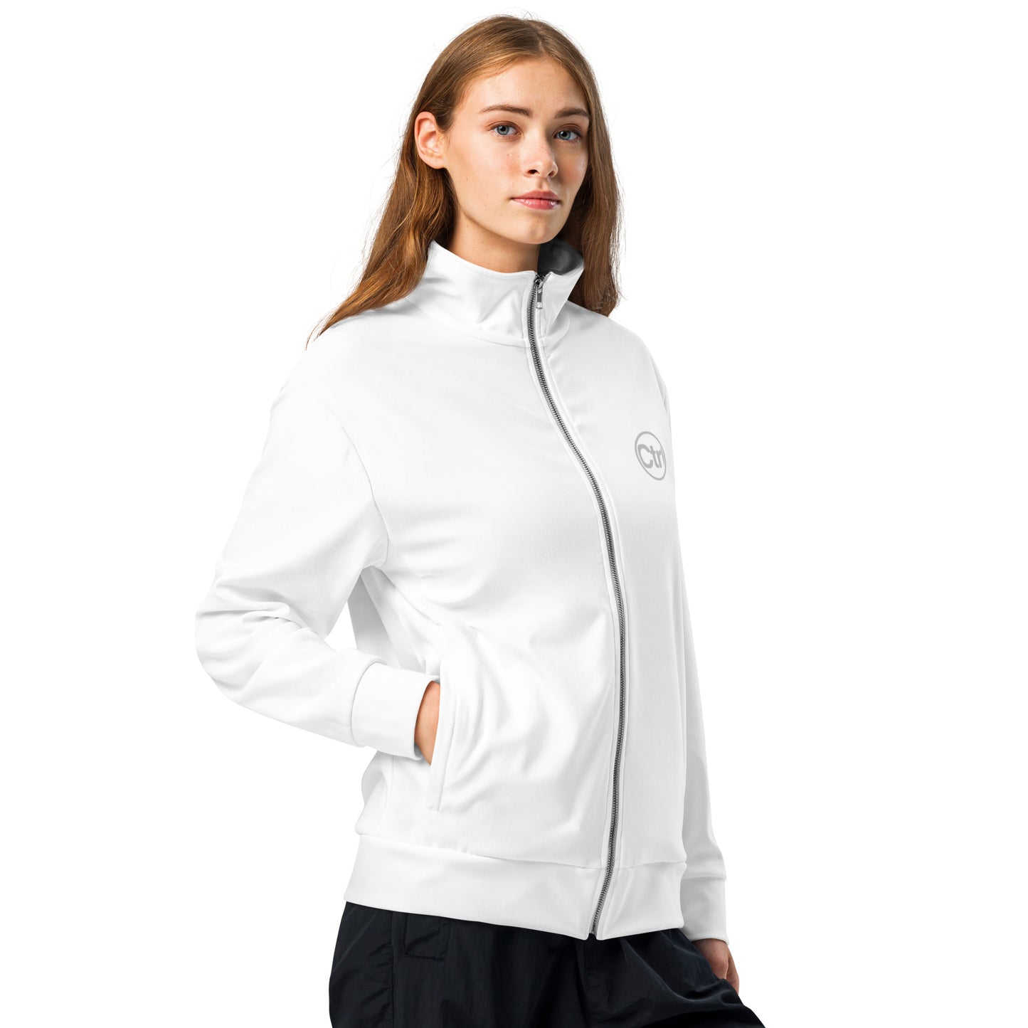 White unisex Ctrl Padel elite track jacket shown from the front right